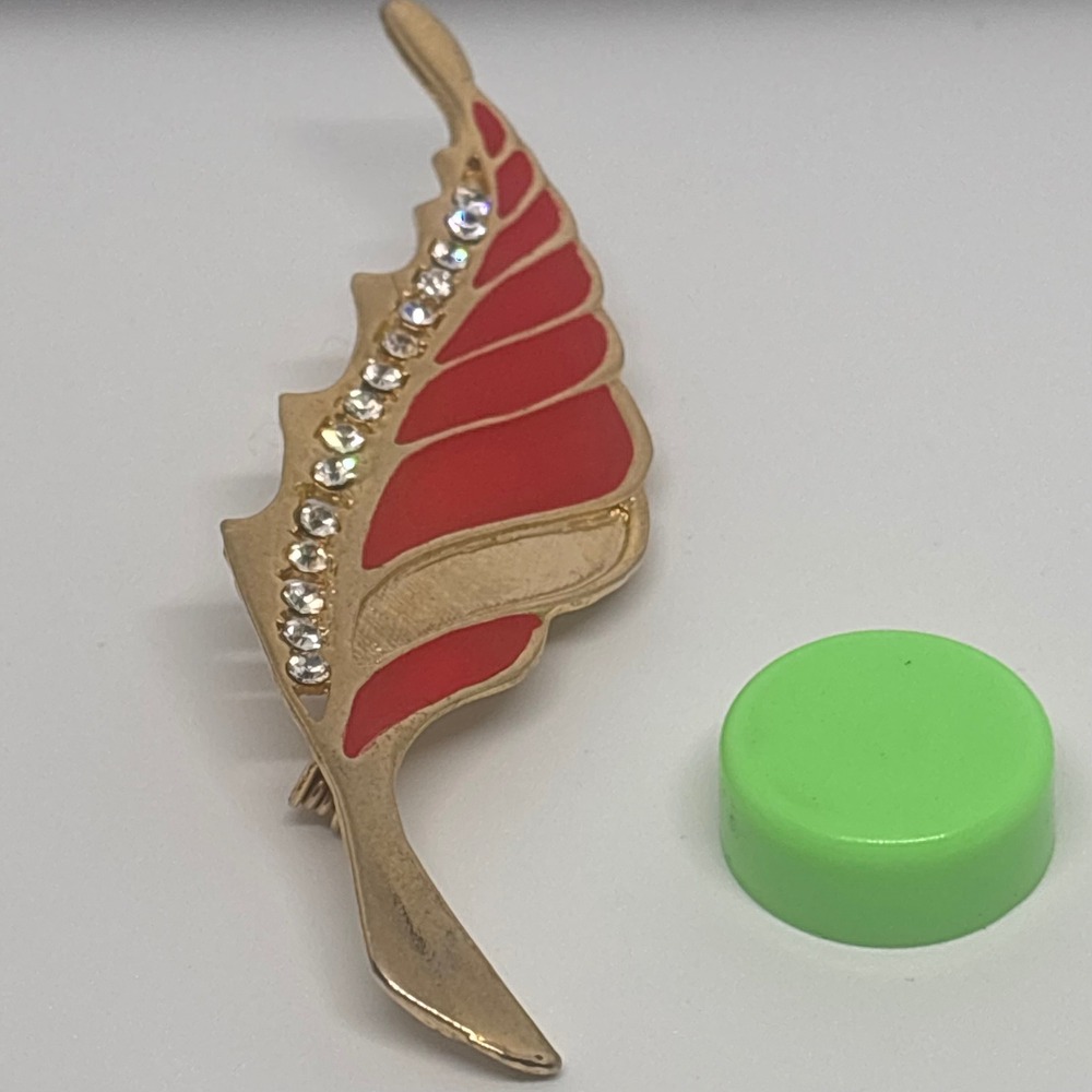 Gold Tone Red Enamel Crystal Leaf Brooch Pin Fashion Jewelry - Picture 5 of 7